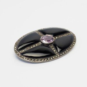 Art Deco style sterling silver onyx amethyst oval pin